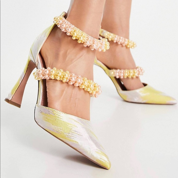 ASOS Design Paphos Pearl Detail High Heeled Shoes in Jacquard - Picture 1 of 6